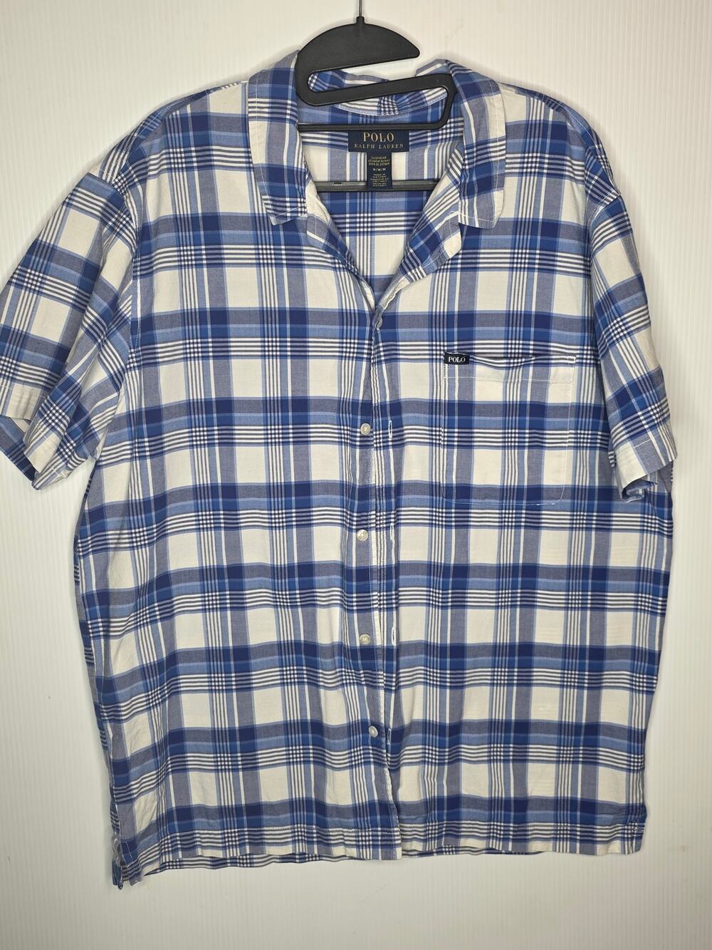 Polo Ralph Lauren Plaid Sleep Shirt Blue White Button Down Size M Preppy